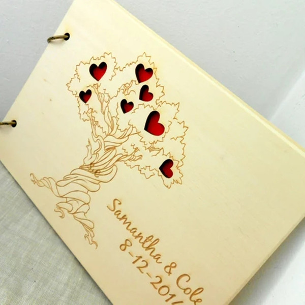 Wedding Rustic Wooden Tree with Love Heart Guest Book , Personalized Custom Bride & Groom Guest Book Album
