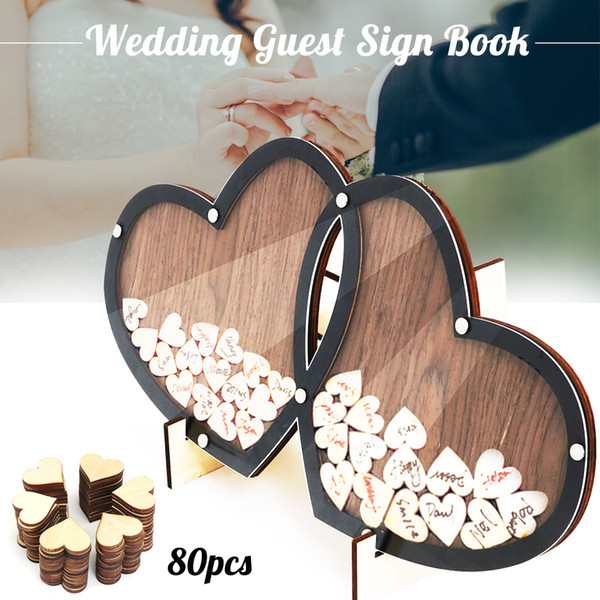 Wooden Hearts Wedding Guest Book Double-Heart Visit Frame Signature Sign Book Guestbook Party Decor Ornaments with 80 Hearts