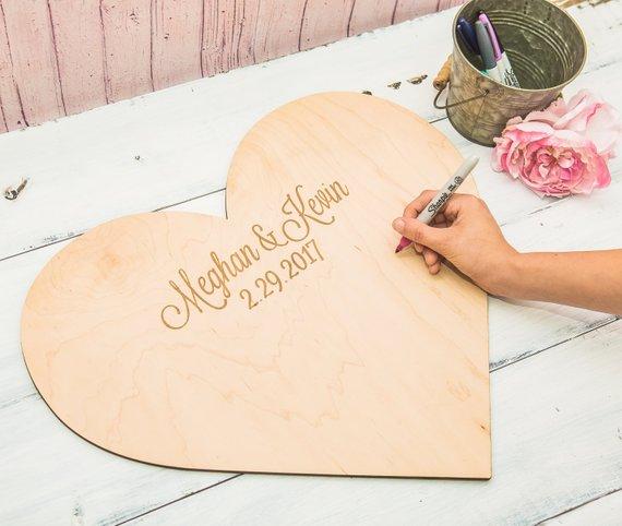 Custom Wood Heart Wedding Guest Book Unique Signature Guest Book Baby Shower Rustic Guest Book Frame Engraved Wooden Sign