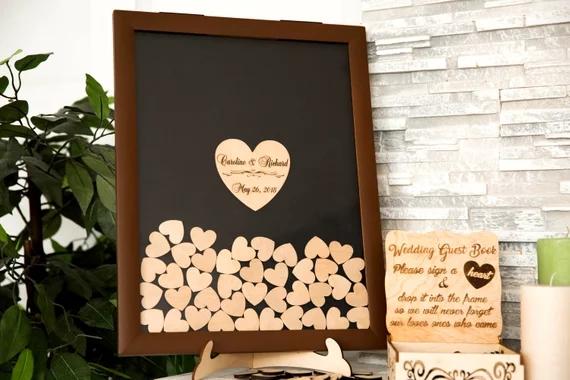 personalized brown Rustic wooden wedding engraved Alternative guestbooks frame memory drop box signature guest books