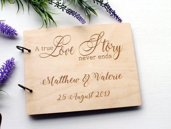 A True Love Story Never Ends,Quote Wooden Wedding Guest Book,Personalised Name&Date Guestbook,Rustic Custom Wedding Photo Album