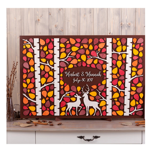 Wedding guest book alternative Deer in Love Custom 3D guest book Wood guestbook Grove of birch trees Rustic Autumn wedding theme