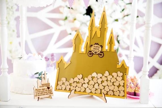 customize fairy theme castle wedding engraved Alternative memory guestbooks with heart drop box top signature guest books