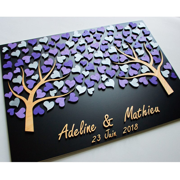 Personalized 3D Wedding Guest Book Tree,Custom Name Guestbooks Ideas, Unique Guest Book Alternative Wood,Purple Hearts Guestbook