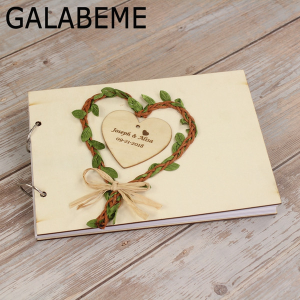wholesale A5 Custom Engraved name date Wedding Guest Book love heart Personalized Wedding Guestbook Rustic Wedding Gift