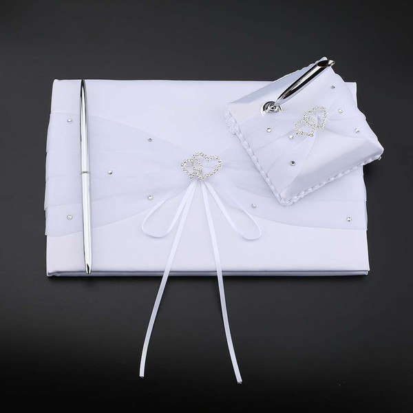 Hot European Style Double Heart Diamante Embellished Satin Wedding Guestbook Pen and Stand Party Wedding Signature Guest Books