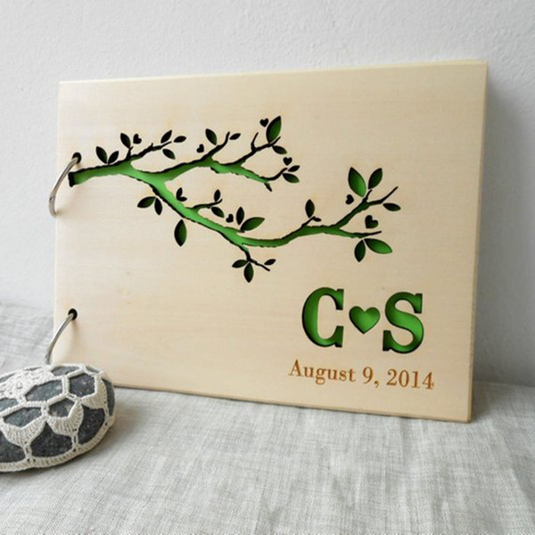 Rustic Wooden Wedding Guest Book, Two Rings Custom Wedding Guest Book, Personalized Wedding Guest Book Album with Initials