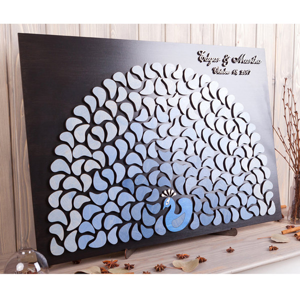 Peacock wedding guest book alternative Custom 3d guest book sign Blue Gradient Rustic wedding guestbook idea Wood frame Wedding