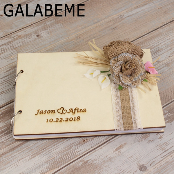 wholesale Custom Wooden Guest Book with flower Wedding Photo Album Gift Personalised Wedding Date Bride & Groom GuestBook