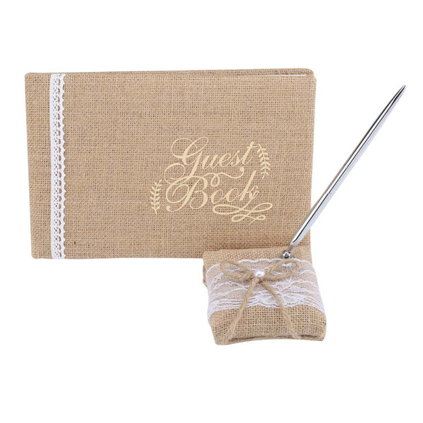 Simple Guest Calligraphy Signature Guest Books Burlap Fabric With Lace Flowers for Birthday Party Reception Wedding Decoration