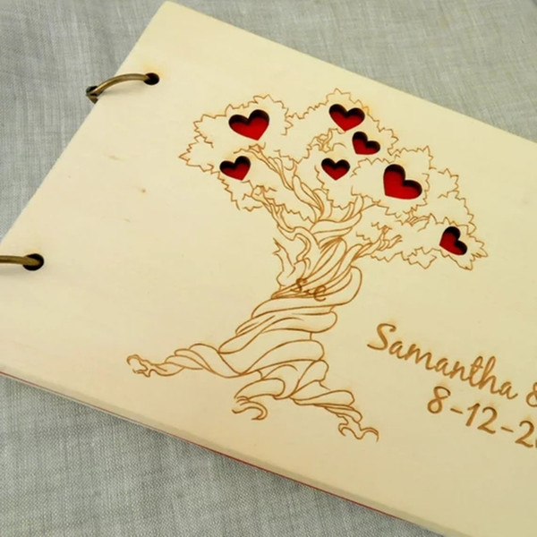Wedding Guestbook, Rustic Wooden Tree with Love Heart Wedding Guest Book Album, Personalized Custom Bride & Groom Guest Book