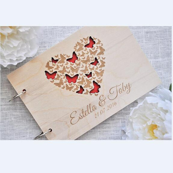 Wooden Wedding Guest Book,Butterfly Mr&Mrs Guestbook,Engraved Name and Date Wedding Signature Book, Custom Wedding Memo