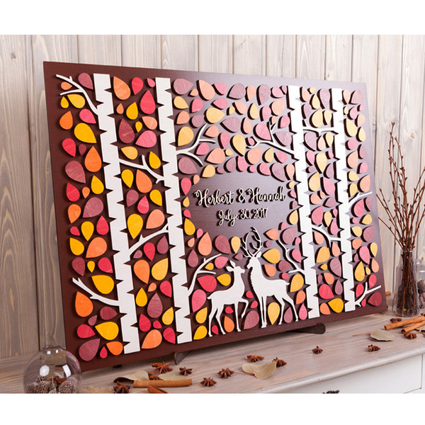 Wedding guest book alternative Deer in Love Custom 3D guest book Wood guestbook Grove of birch trees Rustic Autumn wedding theme