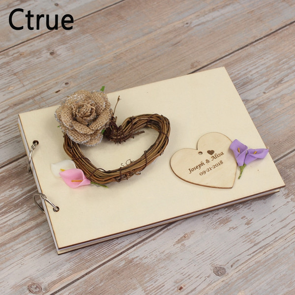 Custom Engraved Wedding Guest Book Personalized Name Burlap Rose Flora Heart Guestbook Engraved RAFFIA Wooden Wedding Guest Book