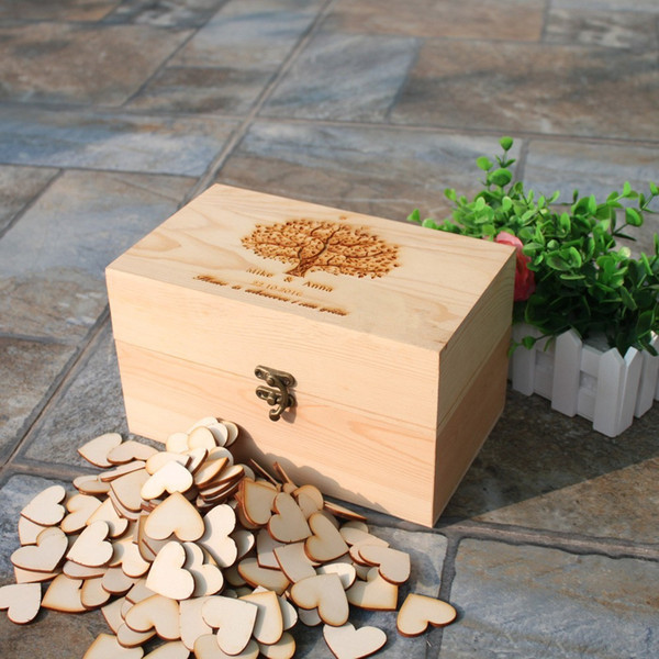 Personalized Wedding Guest Book Box with 100pcs Wooden Hearts, Unique Wooden Guest Book Wooden Signature Tags Wedding Decoration