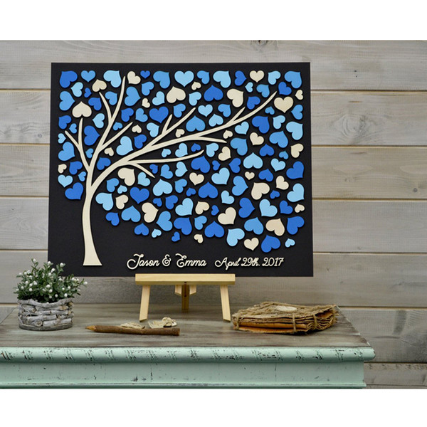 Custom Colors 3D Wedding Guest Book Alternative Tree, Rustic Wedding Wood Blue Hearts Guest Book ,Tree Of Life Guestbooks Ideas