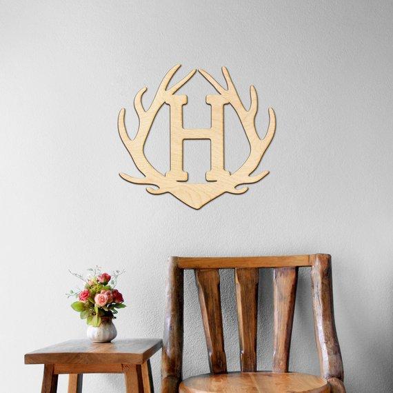 Antler Monogram Wood Cut Sign Gifts for Boys Guy Gifts for Hunter Birthday Present Kids Room Decor Rustic Wedding Photo Props