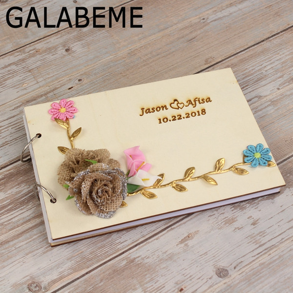 wholesale 21.5cmX15cm Custom Wooden Guest Book Wedding Photo Album Gift Personalised Wedding Date Bride & Groom GuestBook