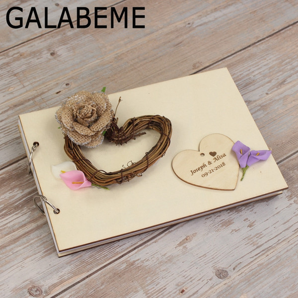 wholesale Custom Wooden Guest Book with love heart Rattan Wedding Gift Personalised Wedding Date Bride & Groom GuestBook