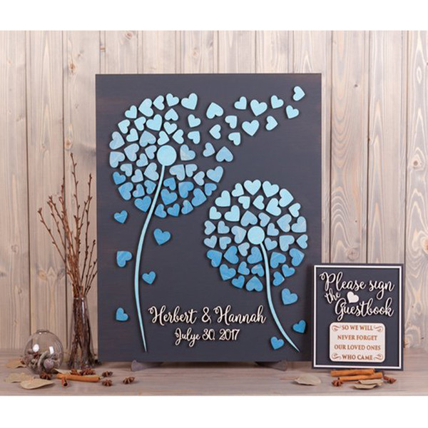 Unique Wedding Guest Books Personalized Name & Date, 3D Alternative Guestbooks For Wedding Gift, Dandelion Guestbook With Hearts