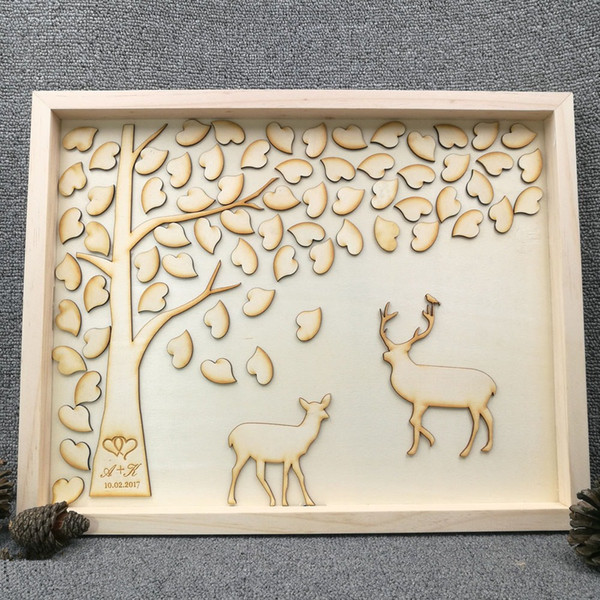 Personalized The Hunt Is Over Buck and Deer Guest Book, Natural Wood Wedding Guestbook with Love Hearts,Custom Wooden Gifts