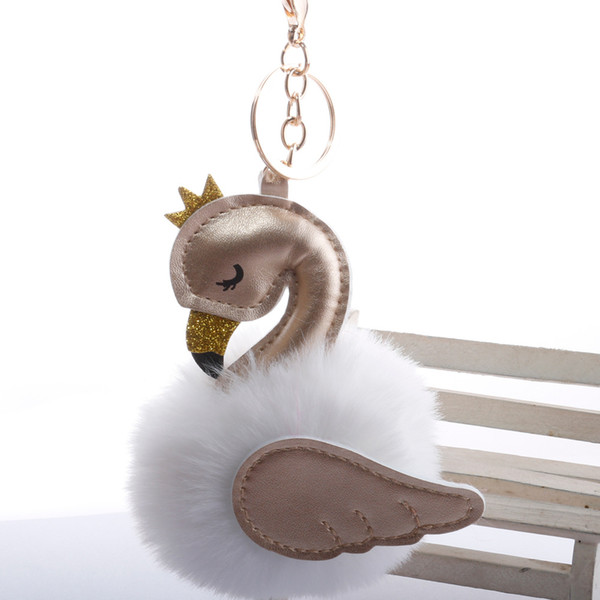 Opshineqo swan pompom Keychain Colorful Fake Rabbit fur ball Fluffy licorne Key Chain Bag Car Keyring