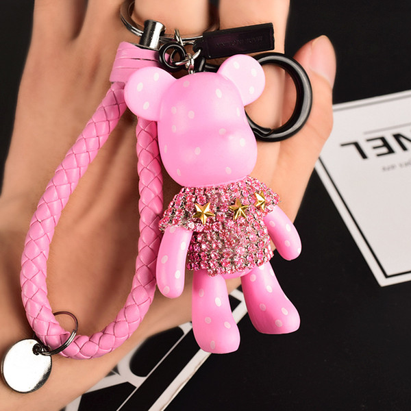 2019 Leather Rope Car Keychain Keyring Handmade Rhinestone Crystal Bear Key Chain Keychain Handbag Accessories Gifts
