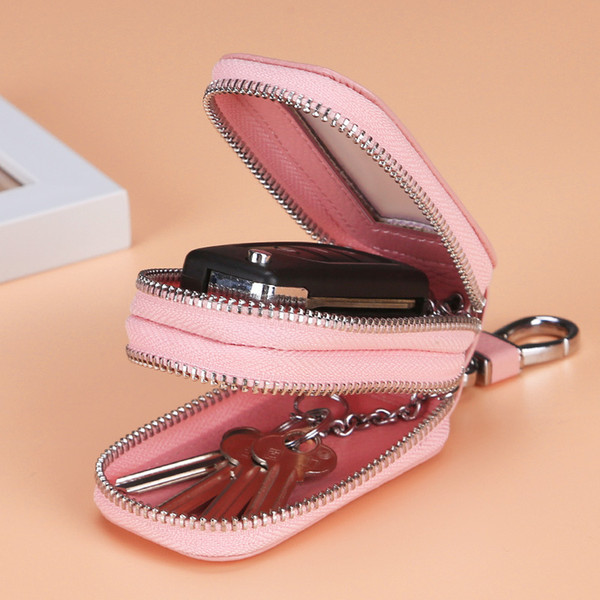 Double-layer storage zipper key case Top layer leather multi-function large-capacity remote control car key chain bag Unisex Keychain
