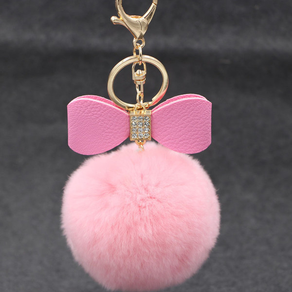 18 colors Crystal Rhinestone Wedding gifts 8cm Real Rabbit Fur Ball Keychain Fashion Bowknot Key ring Key Chains Pendant