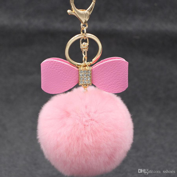 18 colors Crystal Rhinestone Wedding gifts 8cm Real Rabbit Fur Ball Keychain Fashion Bowknot Key ring Key Chains Pendant