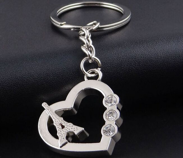 New 100pcs/lot Cute Love Hearts Paris Eiffel Tower Car Keychain Keyring with Rhinestone Friends Gift