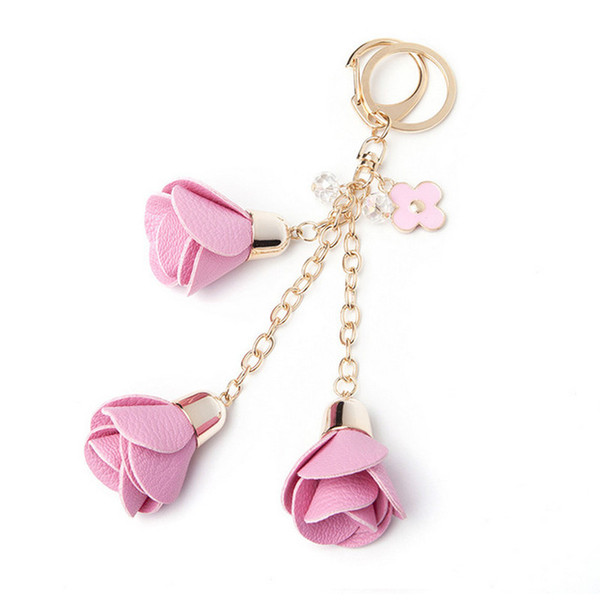 New Charms Fashion Leather Rose Flower Keychain Cute Tassel Flower Key Chain Women Keychain Female Bag Pendant Jewelry