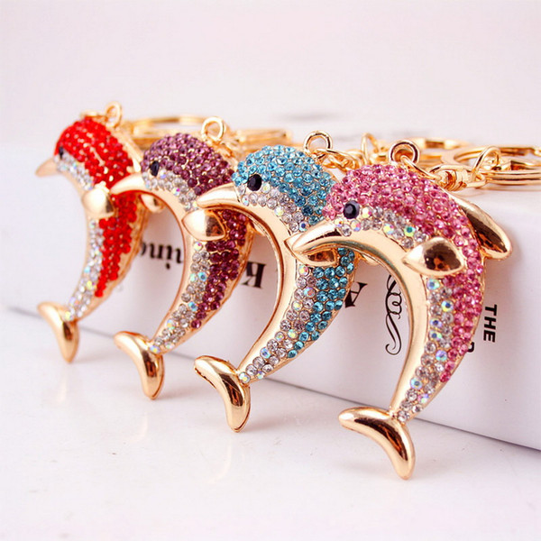 Rhinestone Metal Dolphin Keychain Crystal Purse Bag Car Pendant Key Ring Party Wedding Favor Gift Keychains 4colors DHL 
