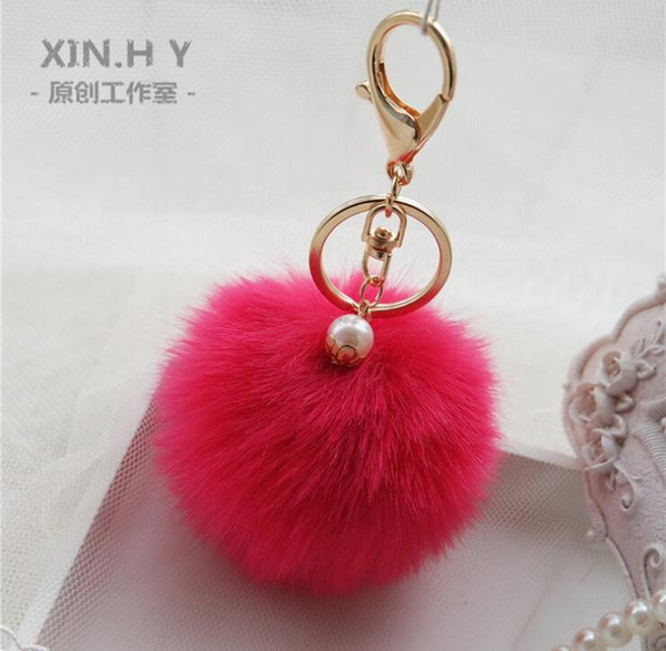 Hot Sale Candy Colour Cute Genuine Leather Rabbit Fur Ball Plush Key Chain For Car Key Ring Bag Pendant Car Keychain QLK180