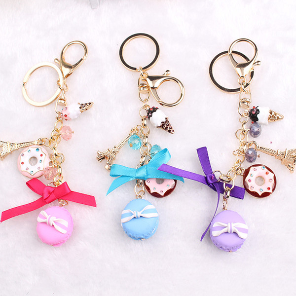 Resin Macarons Cake Keychain Alloy Ice Cream Keyring Wedding Party Favor Eiffel Tower Keychains DHL 