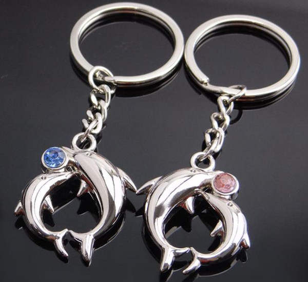 One Pair Lovely Crystal Dolphin Keychain Metal Alloy Keyrings Lovers Key Chain for Wedding Favor Gifts
