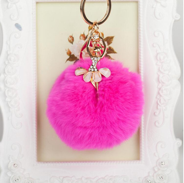 10colors lovely 8CM Genuine Leather Rabbit fur ball plush key chain for car key ring Bag Pendant car keychain K189