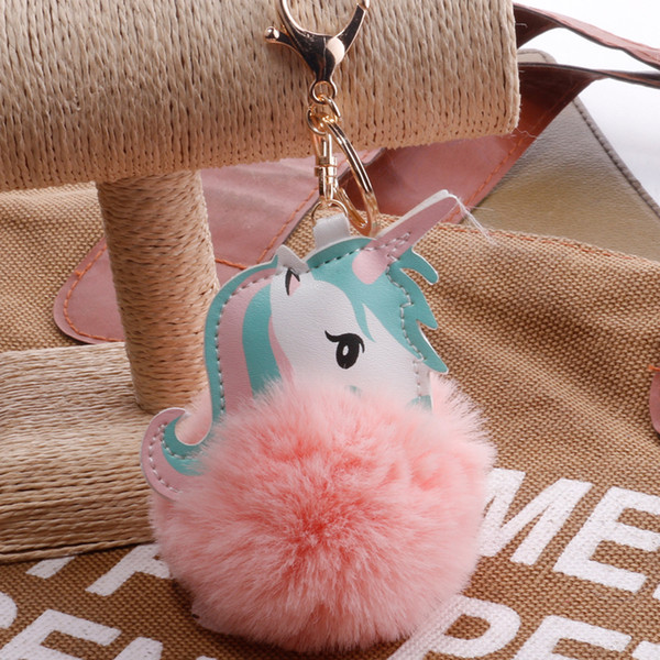 Sell Unicorn keyring for girl keys PomPom Keychain Lovely Fluffy Artificial Rabbit Fur Ball Key Chain Animal Women Car Bag Key Ring