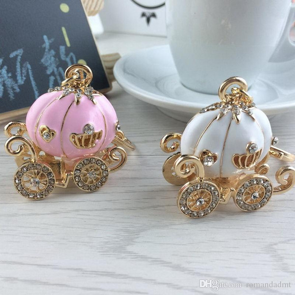 Cinderella Pumpkin Carriage Keychain Key Chain White and Pink Color Gold Plated Alloy Key Ring Wedding Favors Party Gift + DHL 