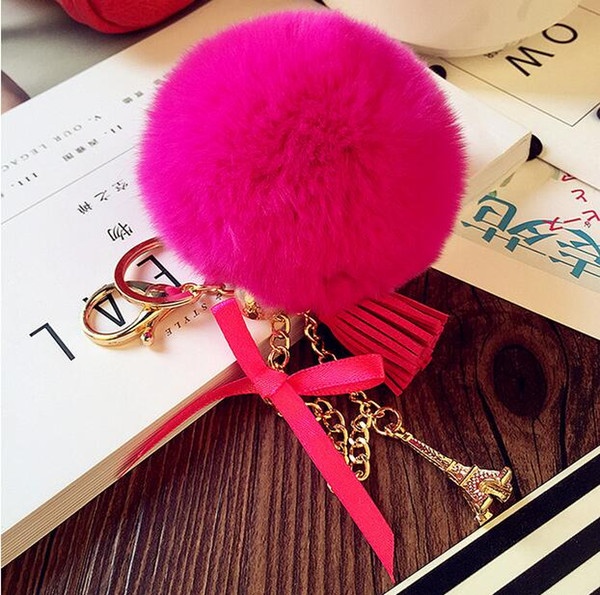 2017 NEW Fashion Women Rabbit Fur Cony Hair Ball Pompom Thrice Tassel Keychain Car Handbag Key Ring Pendant Gift QLK220