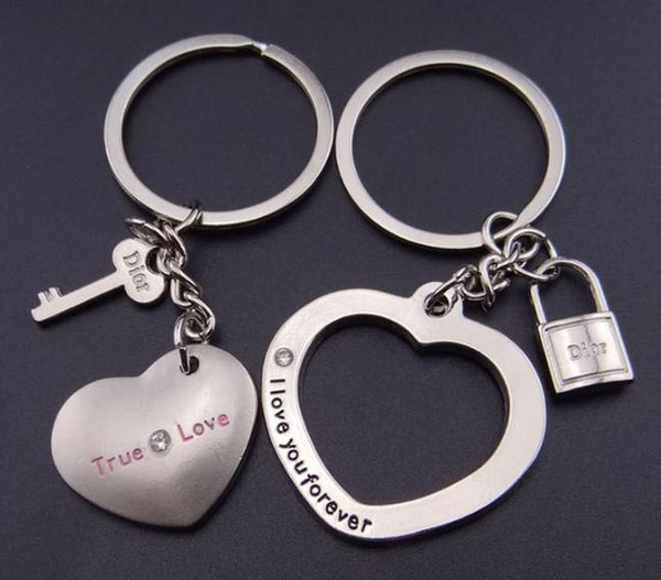 Lovers Keychains Love Heart Pendant Keyrings Alloy Key Chain with Lock & Key for Couples Wedding Gifts