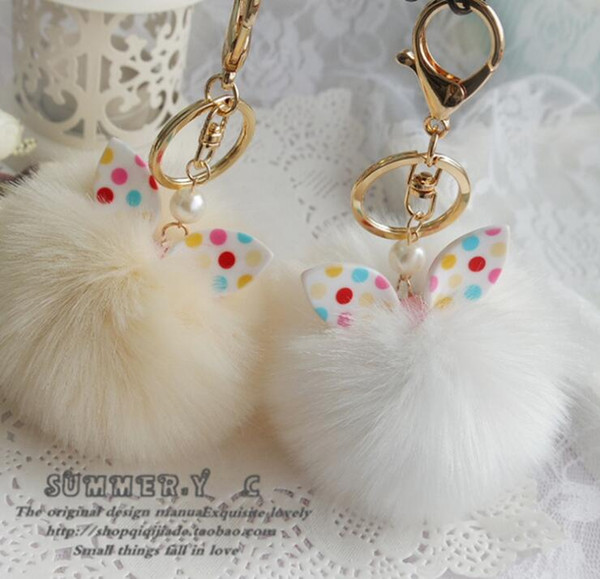 Hot Sale Candy Colour Cute Genuine Leather Rabbit Fur Ball Plush Key Chain For Car Key Ring Bag Pendant bowknot decoration Car Keychain K189