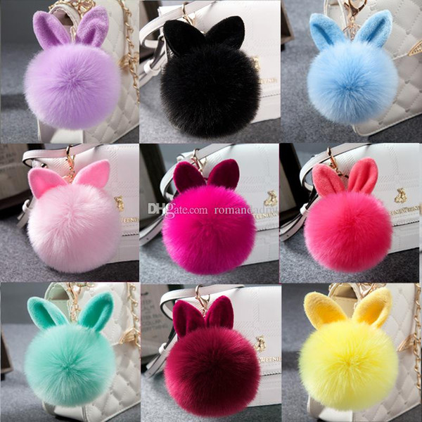 Rabbit Fur Ball Keychain Handbags Plush Cellphone Car Key Chain Rabbit Ears Keyring Wedding Favor Christmas Party gift DHL free shipping