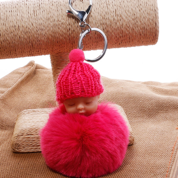 Sweet Fluffy Pompom Sleeping Baby Key Chain Faux Rabbit Fur Pom pon Knitted Hat fur ball Keychain fashion Car Keyring Toy Trendy Gifts