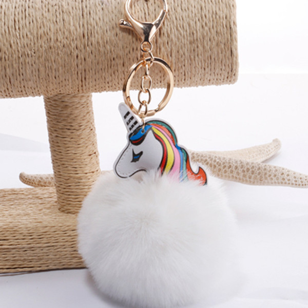Unicorn pompom Keychain Rabbit Fur Ball Fluffy Licorne Key Chain Wommen Bag Car Keyring Wedding Birthday Gifts