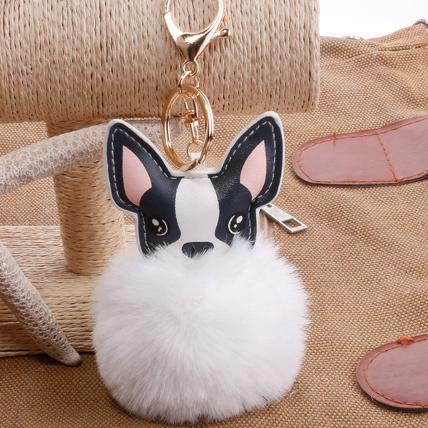 Fluffy Rabbit Fur Ball French Bulldog Keychain Pompom Key Chain Pu Leather Animal Dog Keyring Holder Bag Charm Trinket
