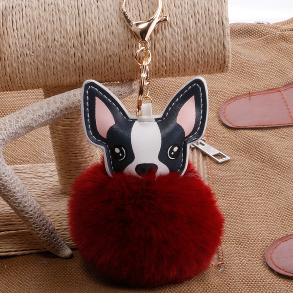Lovely Fluffy Rabbit Fur Ball French Bulldog Keychain Pompom Key Chain Pu Leather Animal Dog Keyring Wedding Birthday Gifts