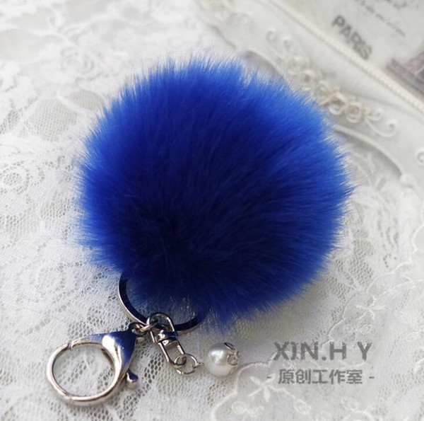 Hot Sale Candy Colour Cute Genuine Leather Rabbit Fur Ball Plush Key Chain For Car Key Ring Bag Pendant Car Keychain QLK188