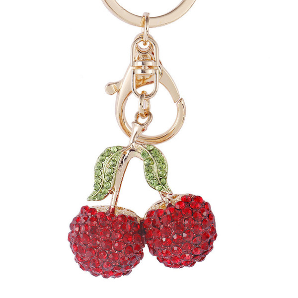 Metal Crystal Cherry With Green Leaves Purse Handbag Car Keychain Party Wedding Favor Birthday Gift Keyring DHL 