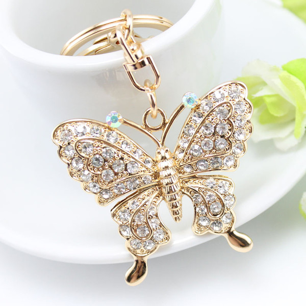 Rhinestone Butterfly Keychain Cute Crystal Metal Charm Purse Handbag Car Key Keyring Party Wedding Favor Birthday Gift DHL 